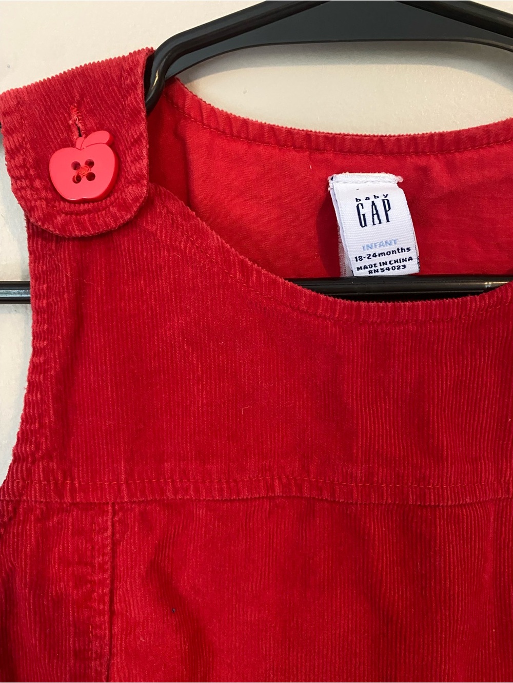 GAP Bright Red Corduroy Pinafore with Apple Button